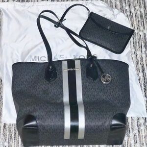 Michael Kors Eva Large Metallic Stripe Tote Bag Black Silver